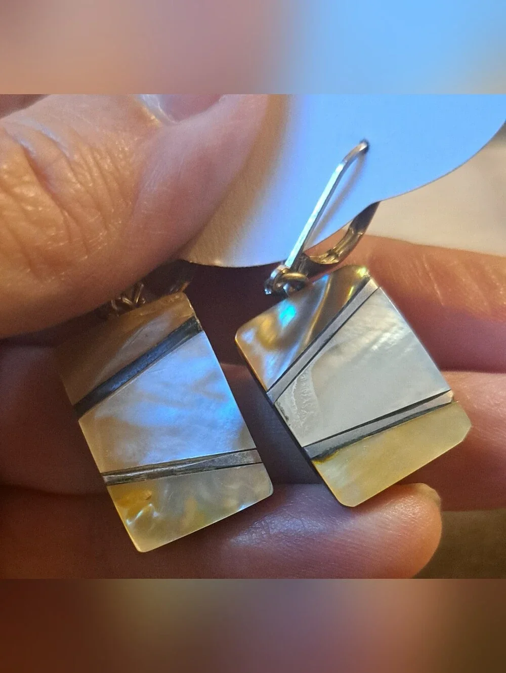 Inlayed Mother of Pearl Sterling Silver Slats Dangly Earrings Oblong Gorgeous